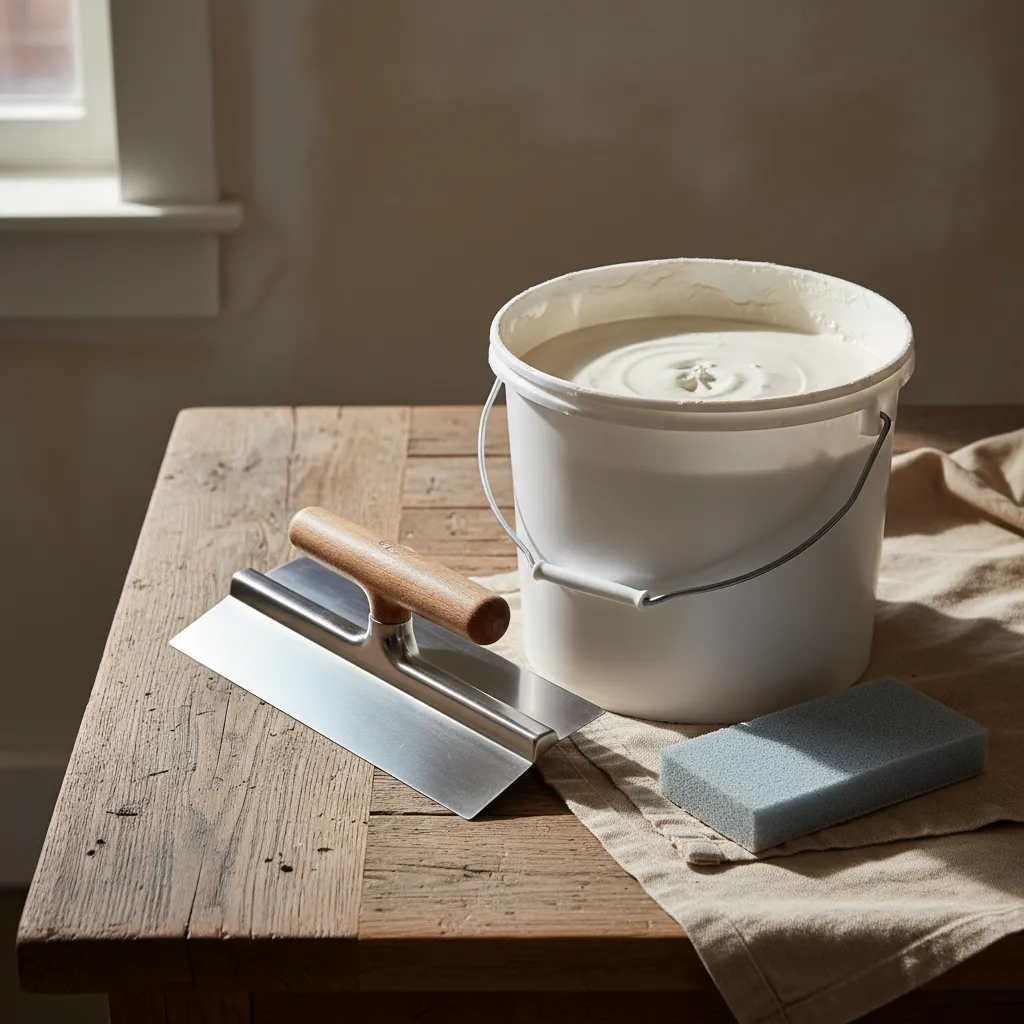 Essential Skim Coating Tools Drywall tools and joint compound arranged on a wooden table