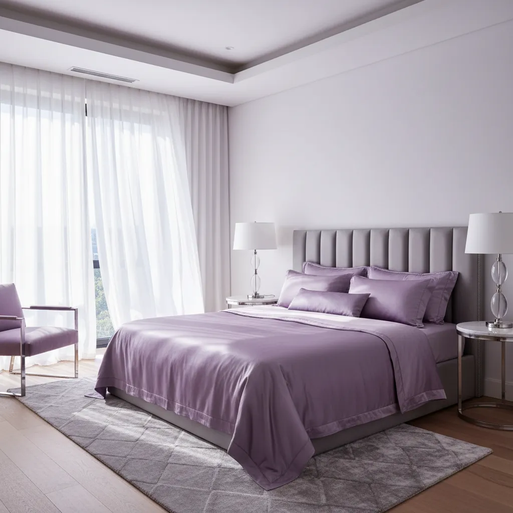 A bright bedroom featuring lilac and silver color palette with natural sunlight