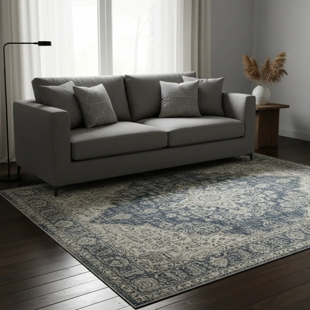 Faded Navy Vintage Rug Gray Couch Dark Floors Faded navy blue and gray vintage rug under a gray couch on dark wood flooring