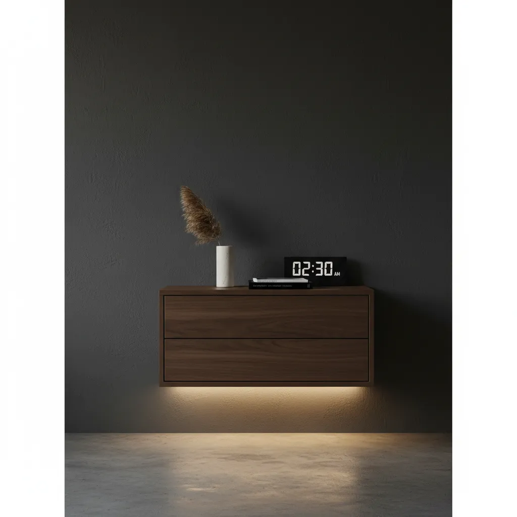 Floating Nightstand Bed Hack Sleek walnut floating nightstand attached to a moody dark wall