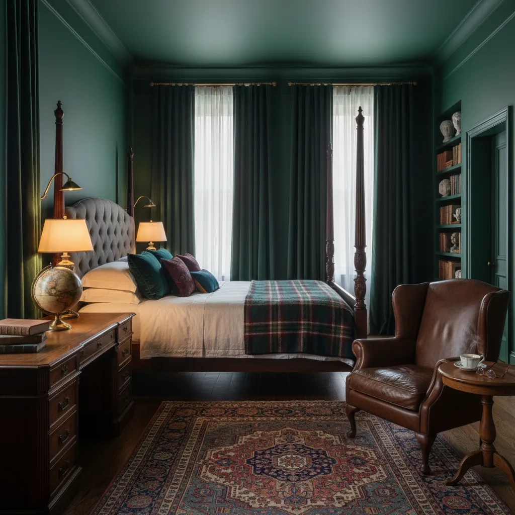 A moody dark academia bedroom painted in rich forest green featuring a dark wood bed and brass sconces