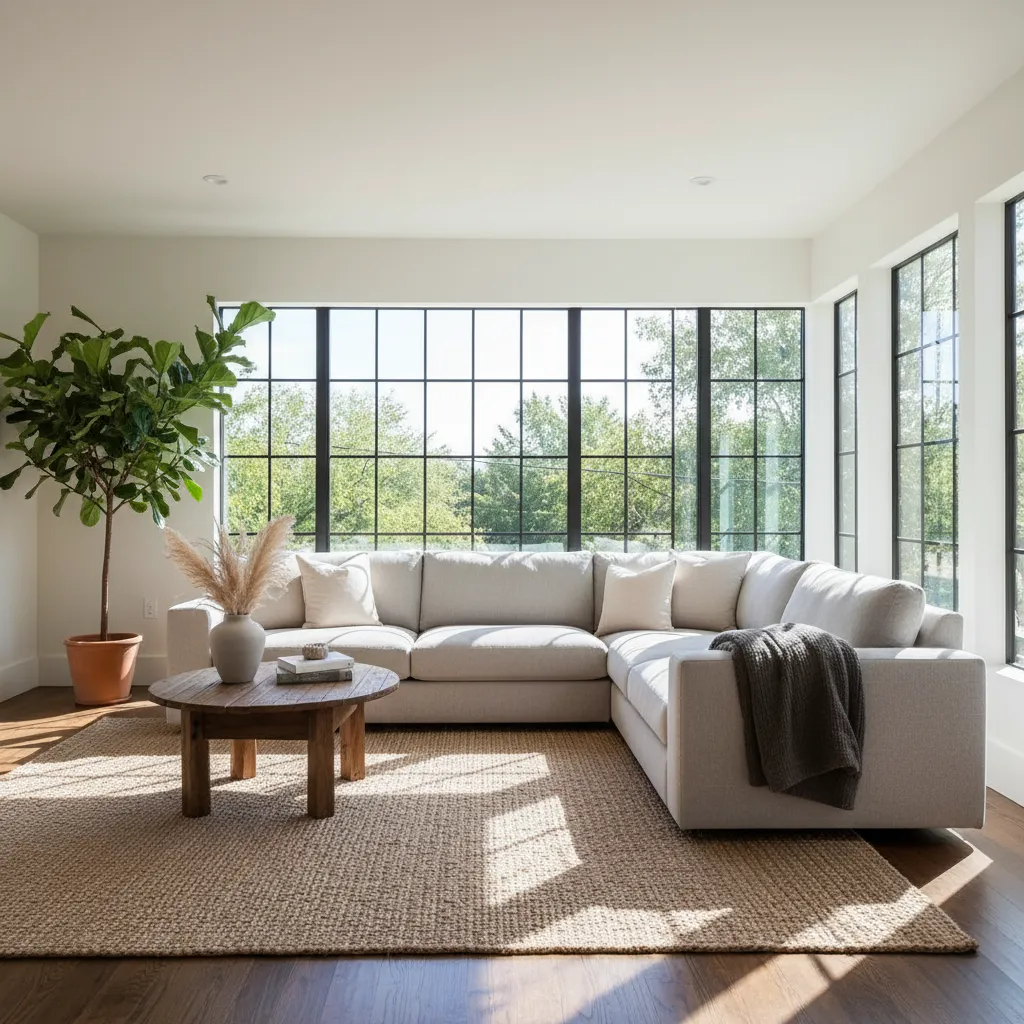 Functional Sisal Rug in Living Room Sisal rug in a living room with dark floors and gray sofa