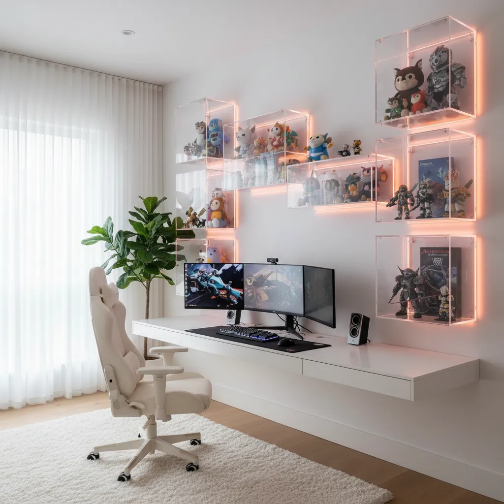 Acrylic display cases with gaming plushies and warm LED lighting