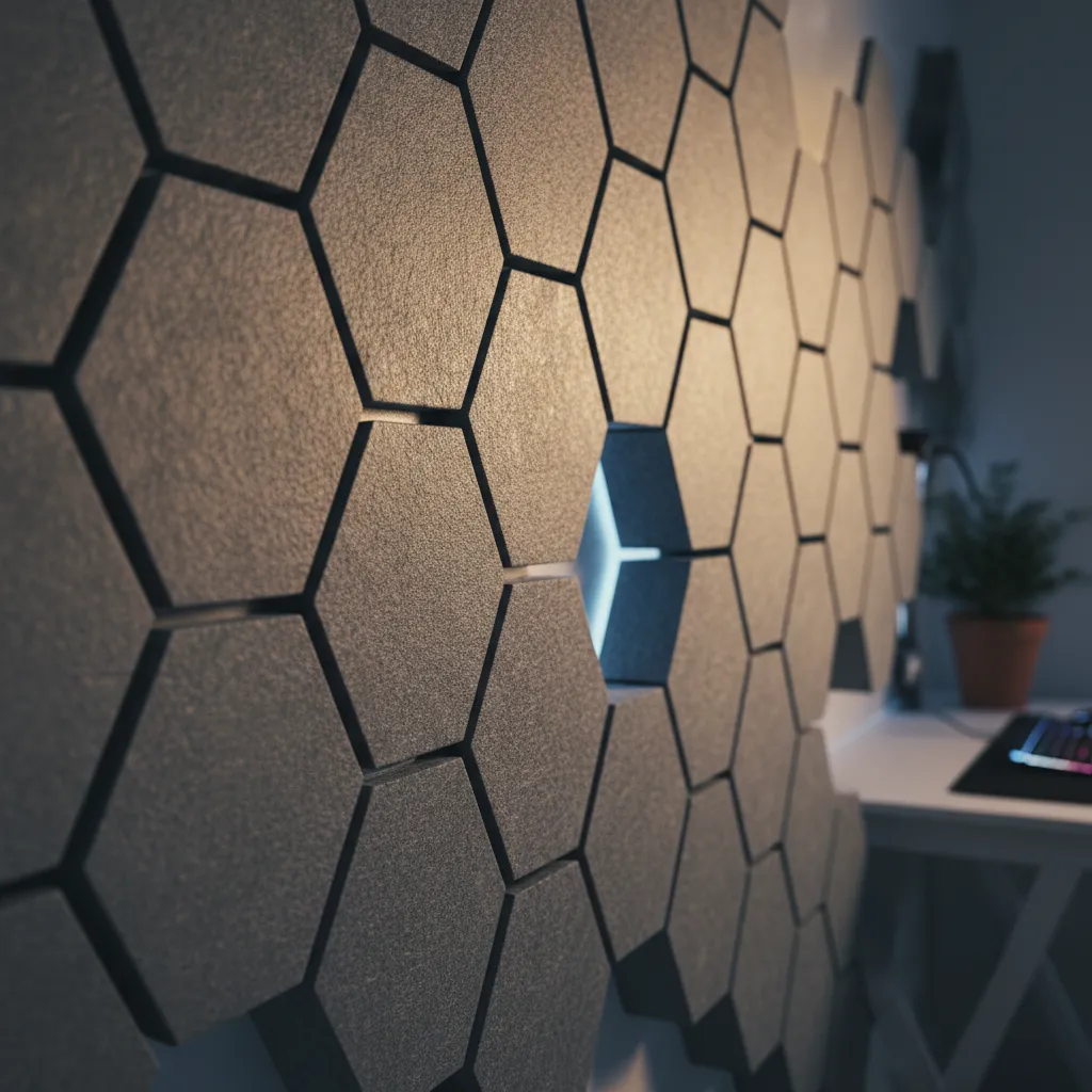 Close-up of grey felt honeycomb wall panels for soundproofing and style.