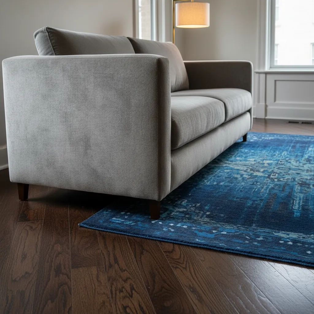 Gray Couch Undertones and Rug Selection Close up of gray couch fabric and dark wood floor undertones