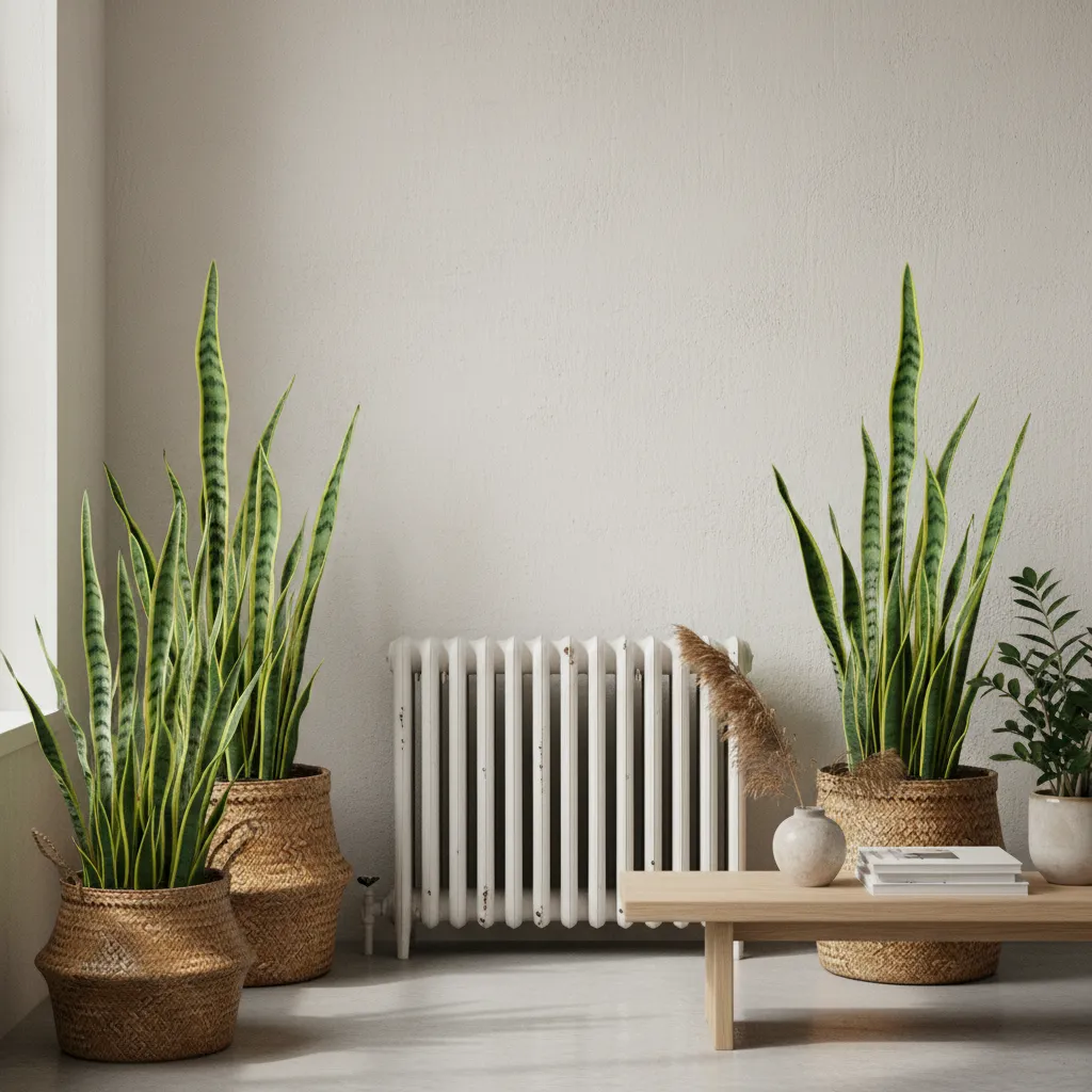 Large snake plants in woven baskets placed in front of a living room radiator to camouflage it