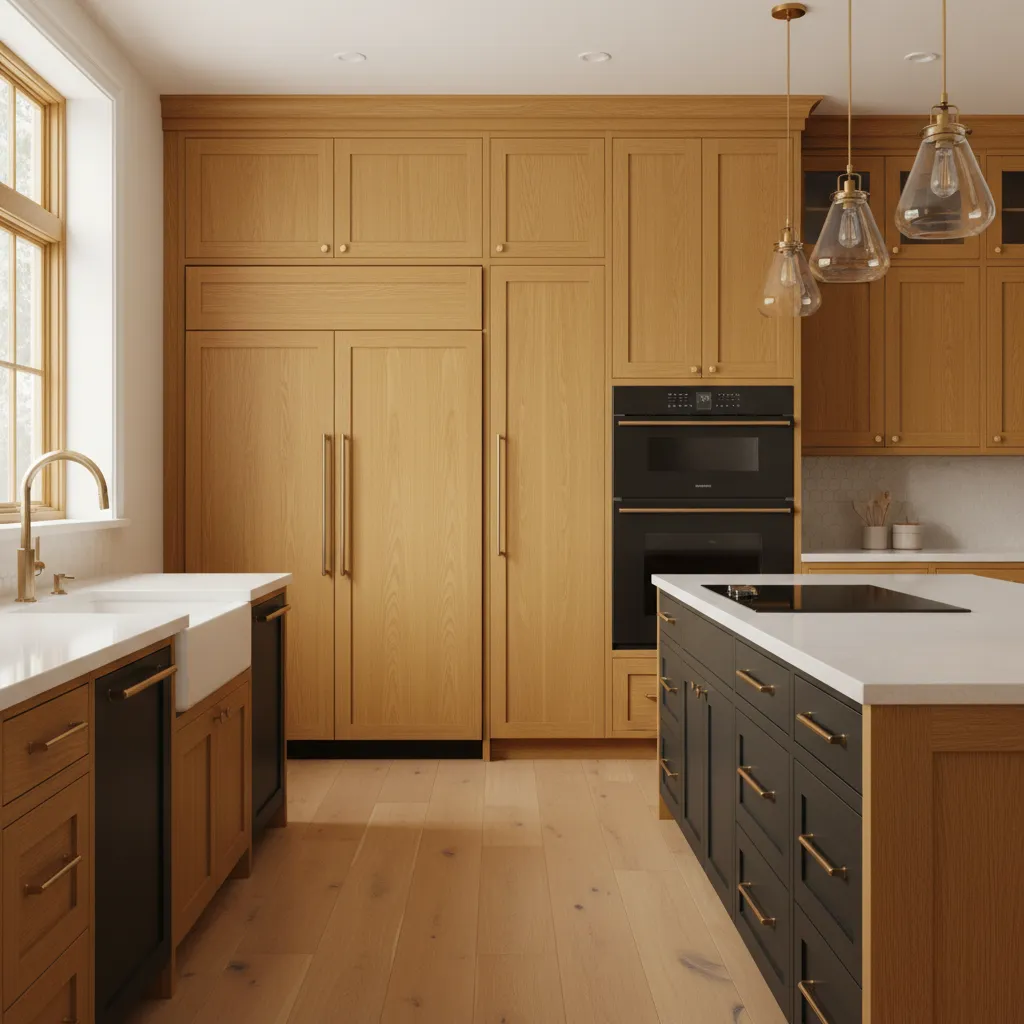 Honey Oak Cabinet Appliance Coordination Kitchen showing honey oak cabinets matching with modern appliances and hardware