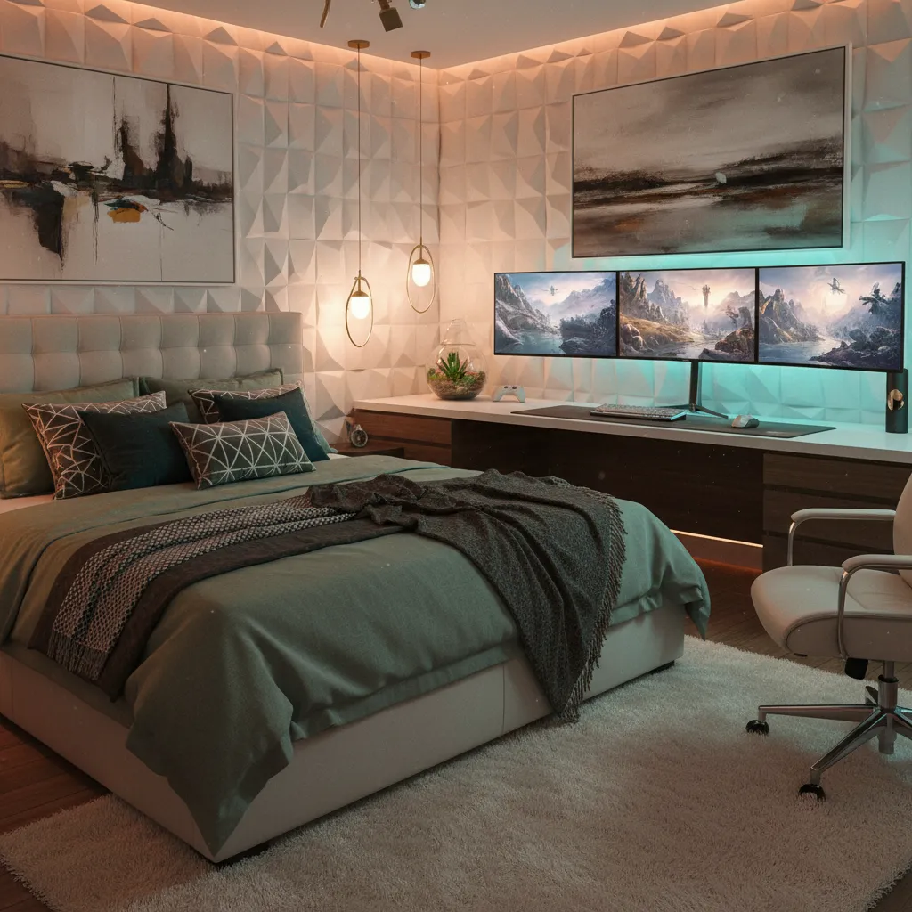 A cozy gamer girl bedroom blending earthy tones with smart ambient lighting and geometric textures.