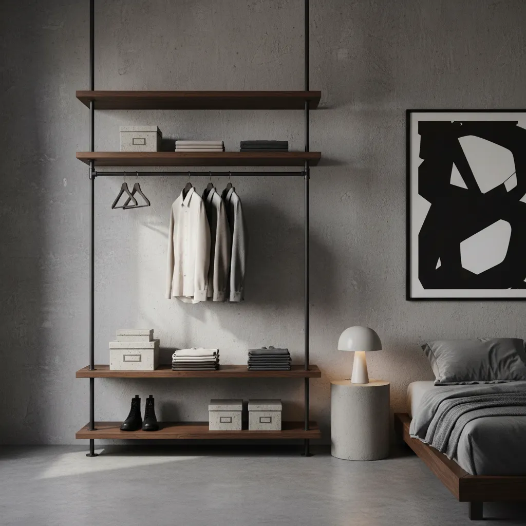 Industrial Sims 4 Base Game Bedroom Sleek industrial bedroom setup in The Sims 4 featuring a custom open wardrobe design with dark wood and metal