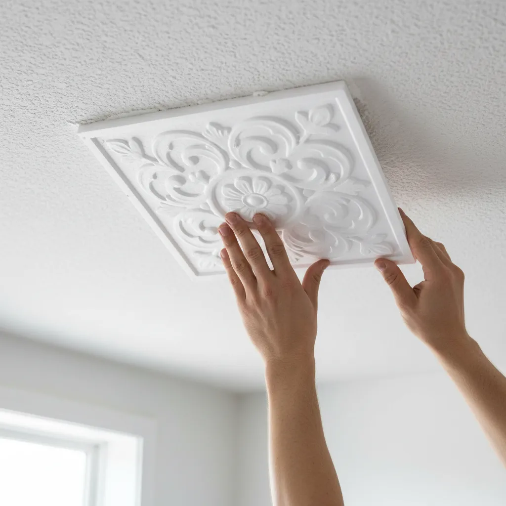 Installing Glue-Up Ceiling Tiles Pressing a decorative foam ceiling tile onto a popcorn ceiling