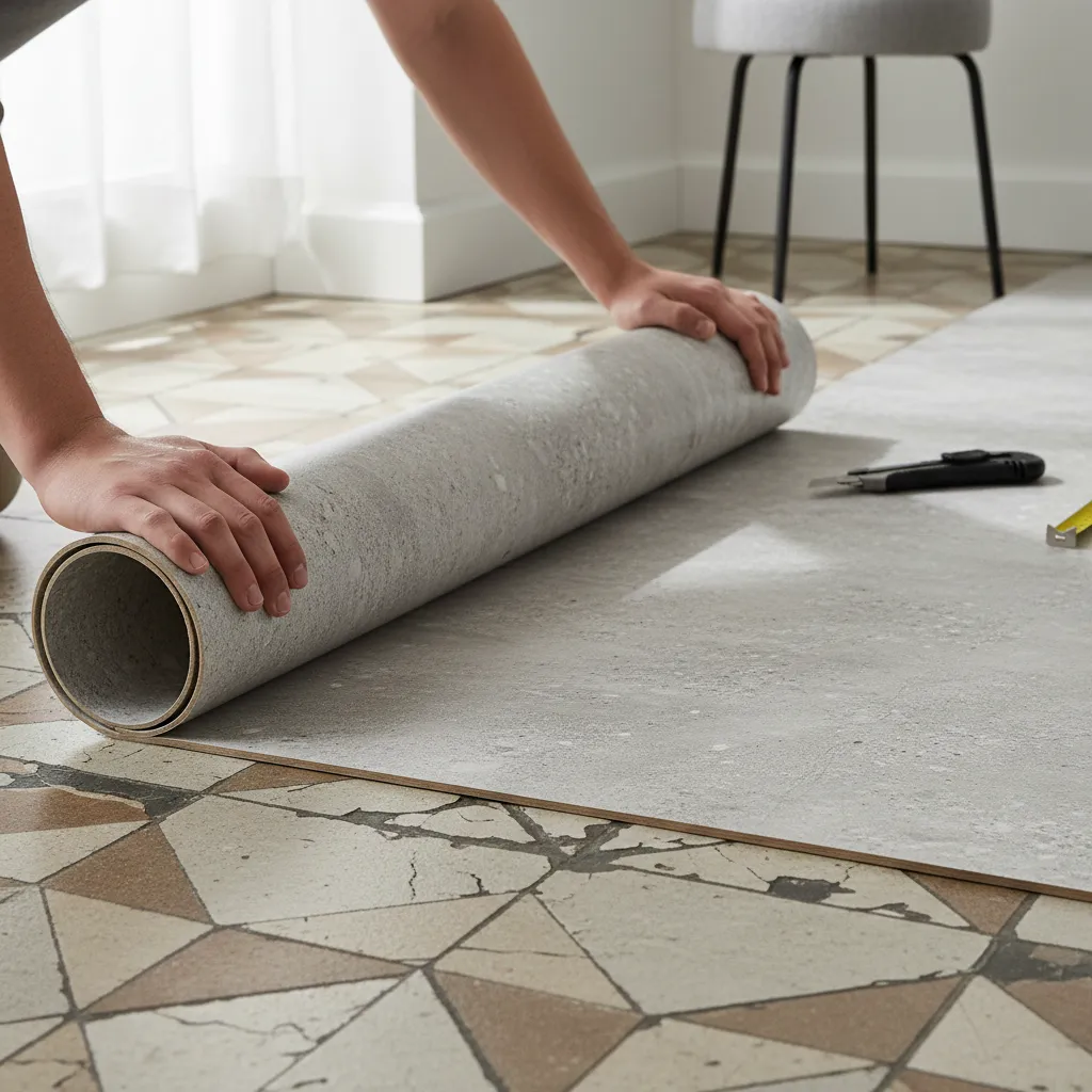 Rolling out sheet vinyl flooring over old tiles