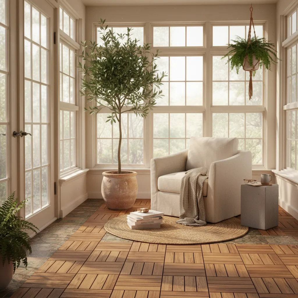 Acacia wood interlocking deck tiles installed over old apartment flooring to create a warm and modern sunroom design.