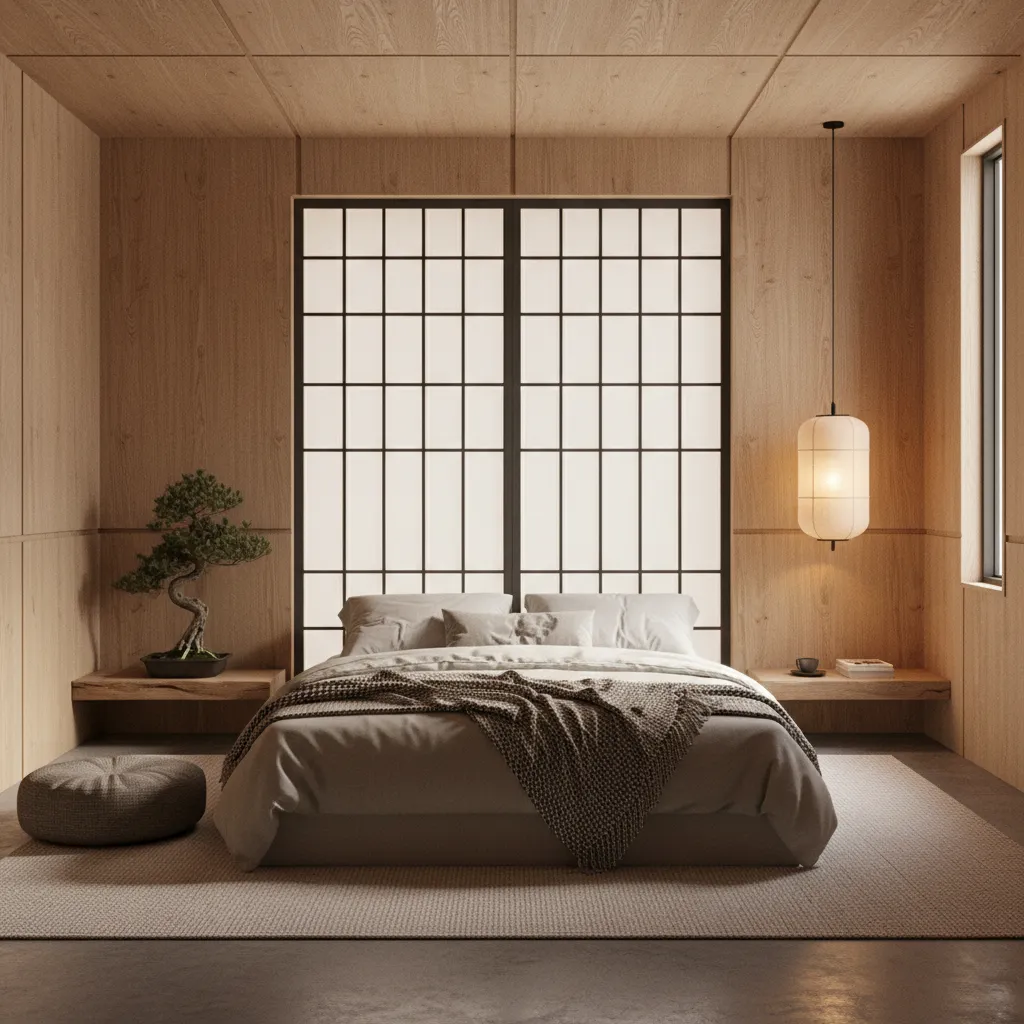 A Japandi style digital bedroom with raw oak wood and warm lighting