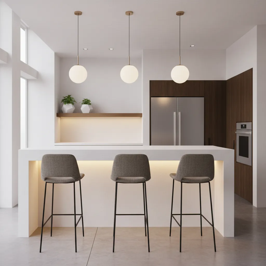 Warm under-counter lighting glowing beneath a modern kitchen bar