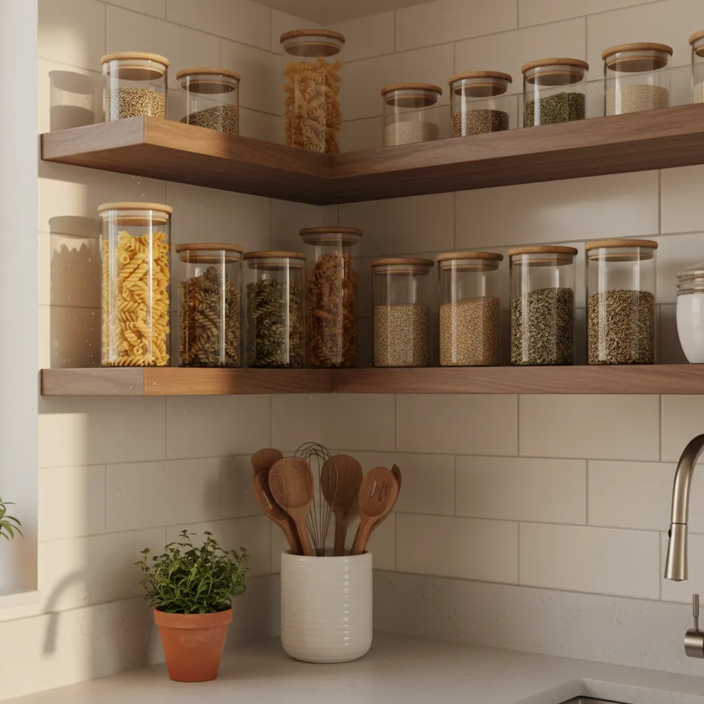 Kitchen Food Station Shelves Floating walnut shelves styling food storage jars in kitchen