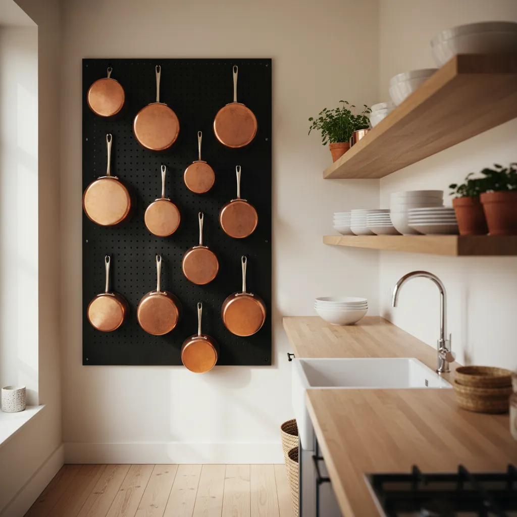 Kitchen Wall Pegboard Organization Matte black pegboard and oak floating shelves organizing small kitchen tools