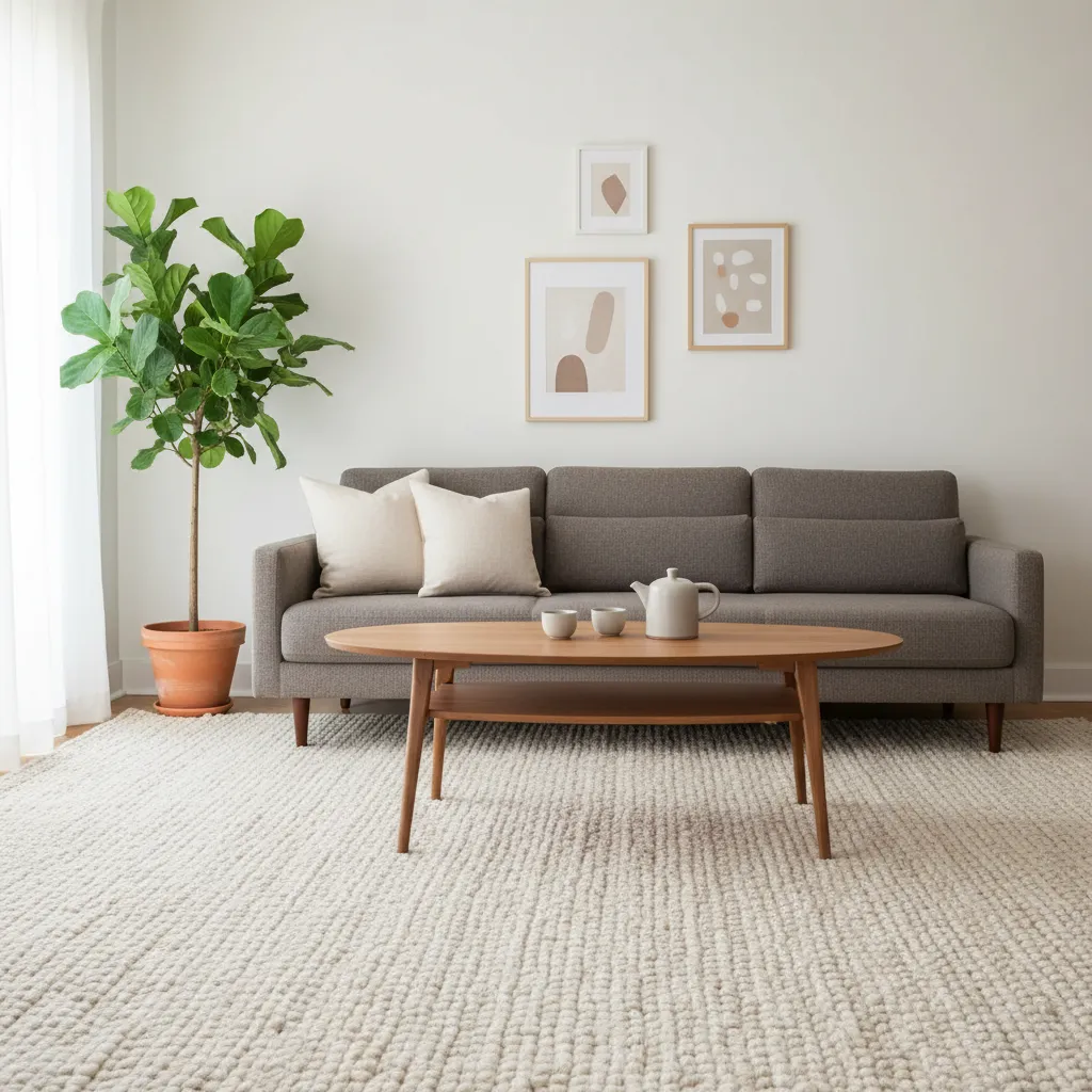 Large textured area rug hiding ugly rental floor tiles in a modern living room