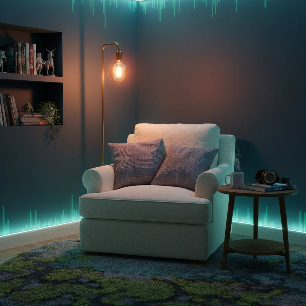 A cozy reading nook with warm layered lighting and a soft linen chair.