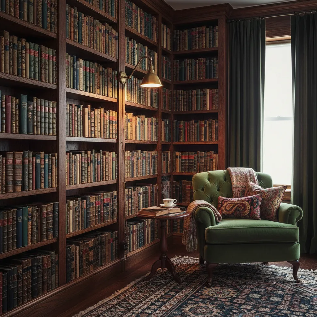 Vintage brass sconce illuminating a dark wood bookshelf filled with antique novels