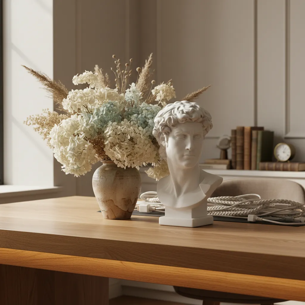 Light Academia Cable Management Marble bust and dried florals hiding cables on a modern home office desk