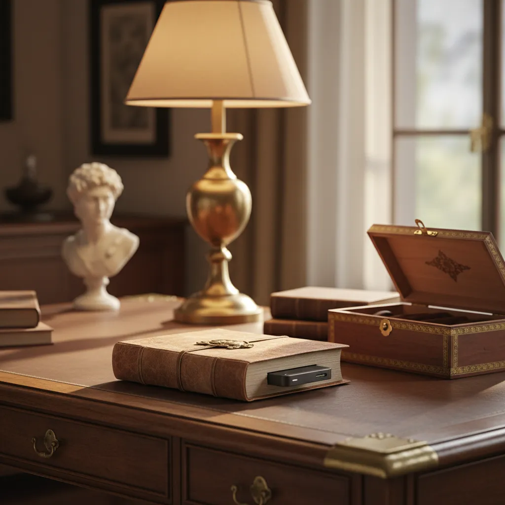 Light Academia Hidden Desk Gadgets Antique wooden boxes and leather journals hiding modern office gadgets on a desk