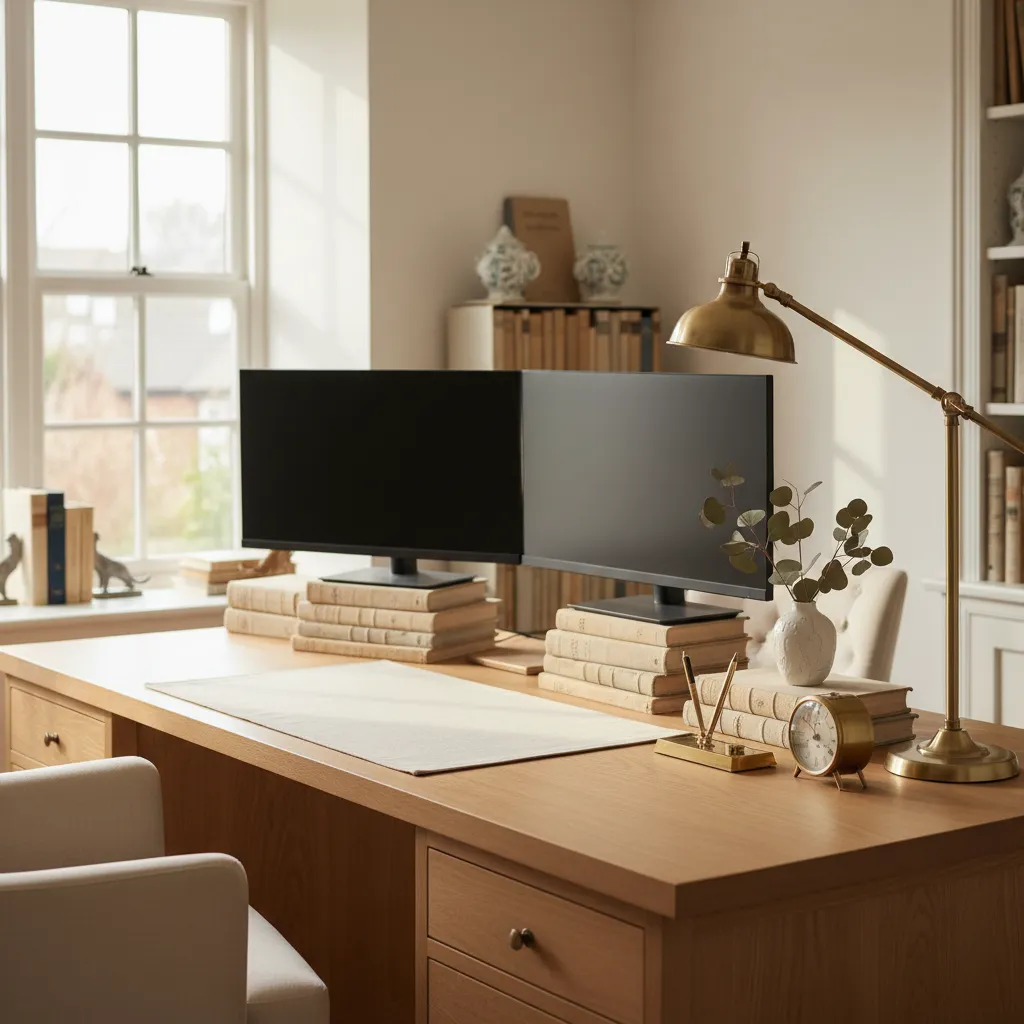 A curated light academia home office desk setup featuring a light oak desk, vintage book monitor risers, and brass accessories.
