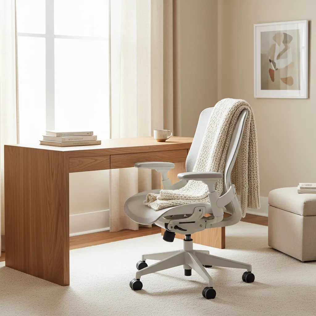 Light Academia Mesh Desk Chair Setup Ergonomic mesh chair styled with cream knit blanket in home office