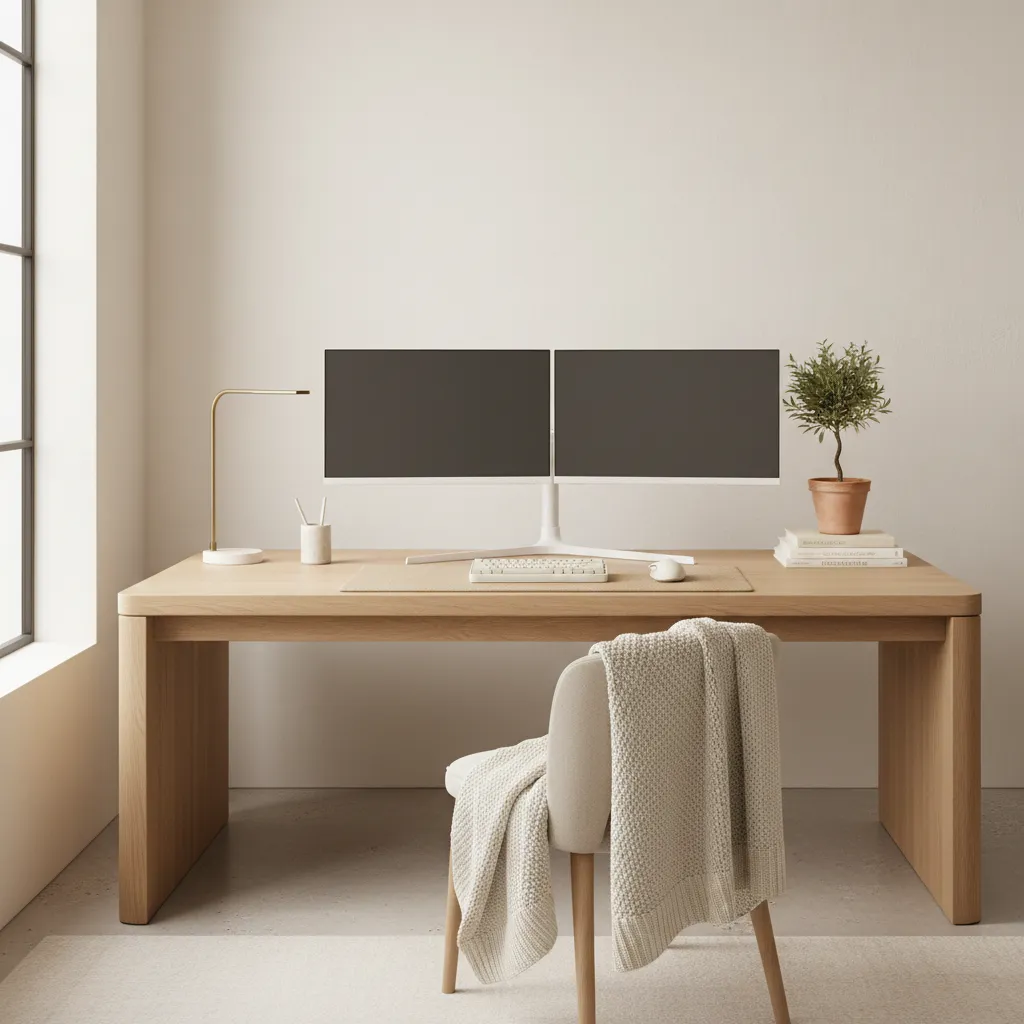 Light Oak Desk Dual Monitors A neutral light oak desk arranged with dual monitors and soft ambient lighting for a light academia home office.