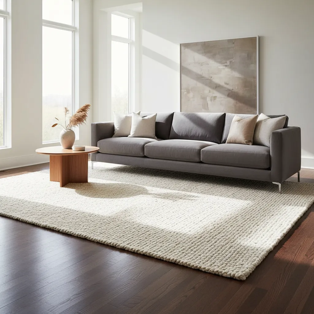 Lighting and Undertones in Modern Living Room Bright living room with gray couch and dark wood floors showing contrast