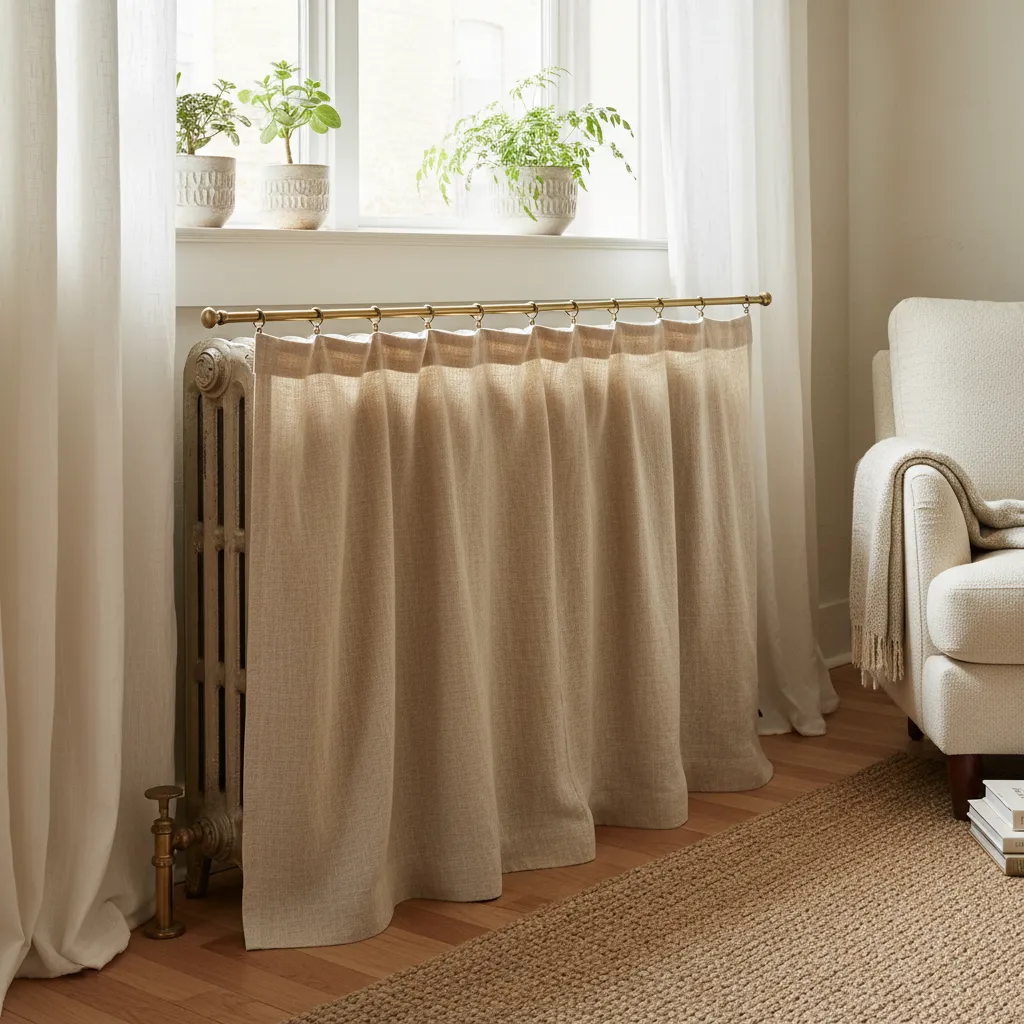 A stylish natural linen fabric skirt hangs from a tension rod to disguise an old radiator in a cozy living room.