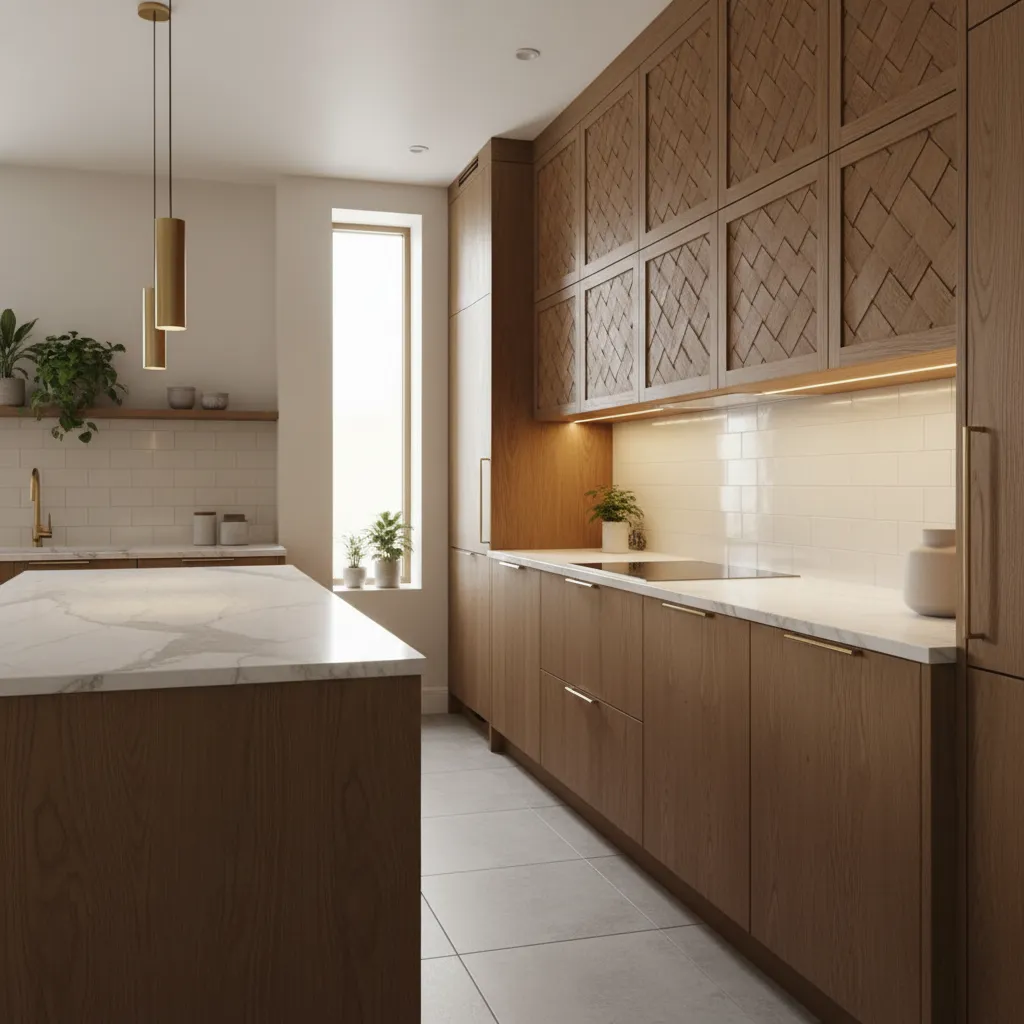 Modern Minecraft kitchen overhead cabinets with woven loom textures and ambient lighting