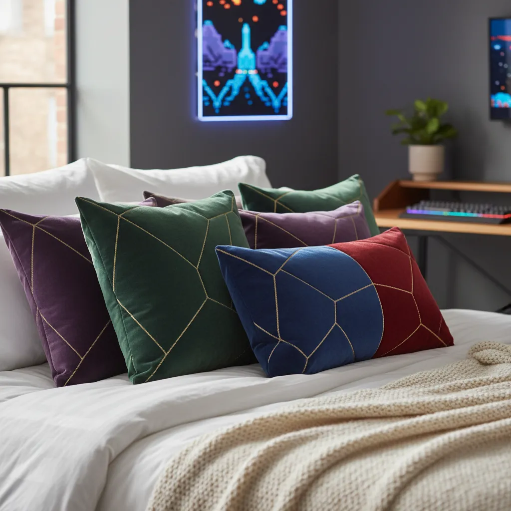 Close up of geometric low poly velvet pillows in soft pastel tones