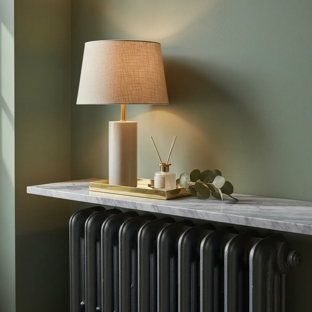 Close up of a marble shelf styling over a living room radiator