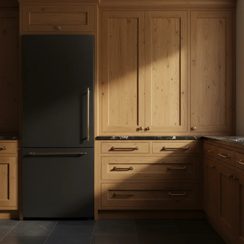 Matte Black Appliances With Honey Oak Matte black kitchen appliances contrasted with warm oak cabinets and brass hardware