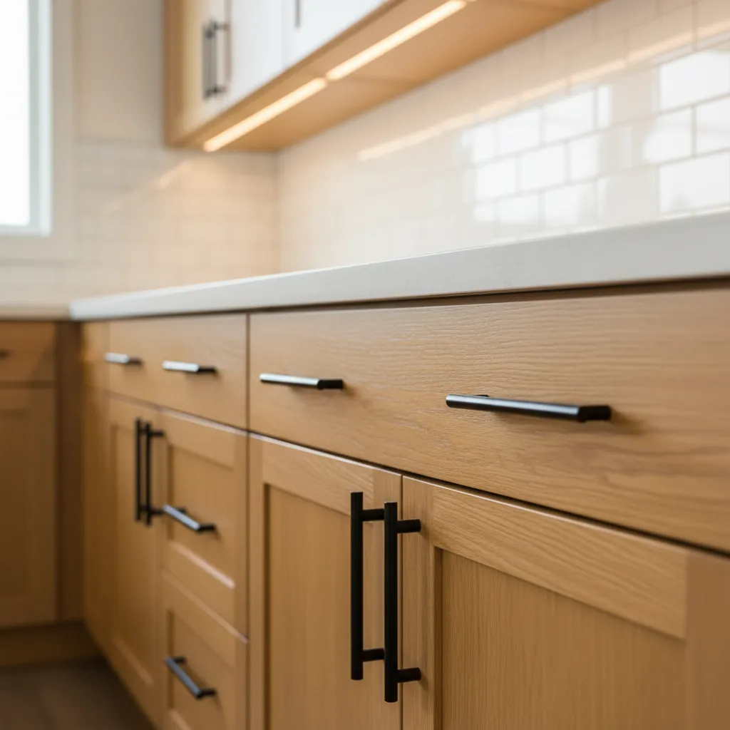 Matte Black Hardware On Honey Oak Matte black cabinet handles installed on warm honey oak kitchen cabinets