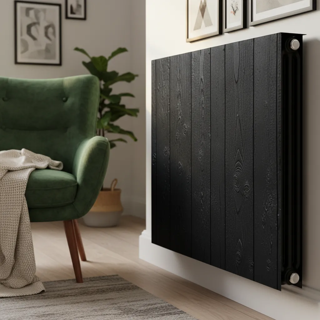 Close up of a textured magnetic radiator cover in a cozy living room