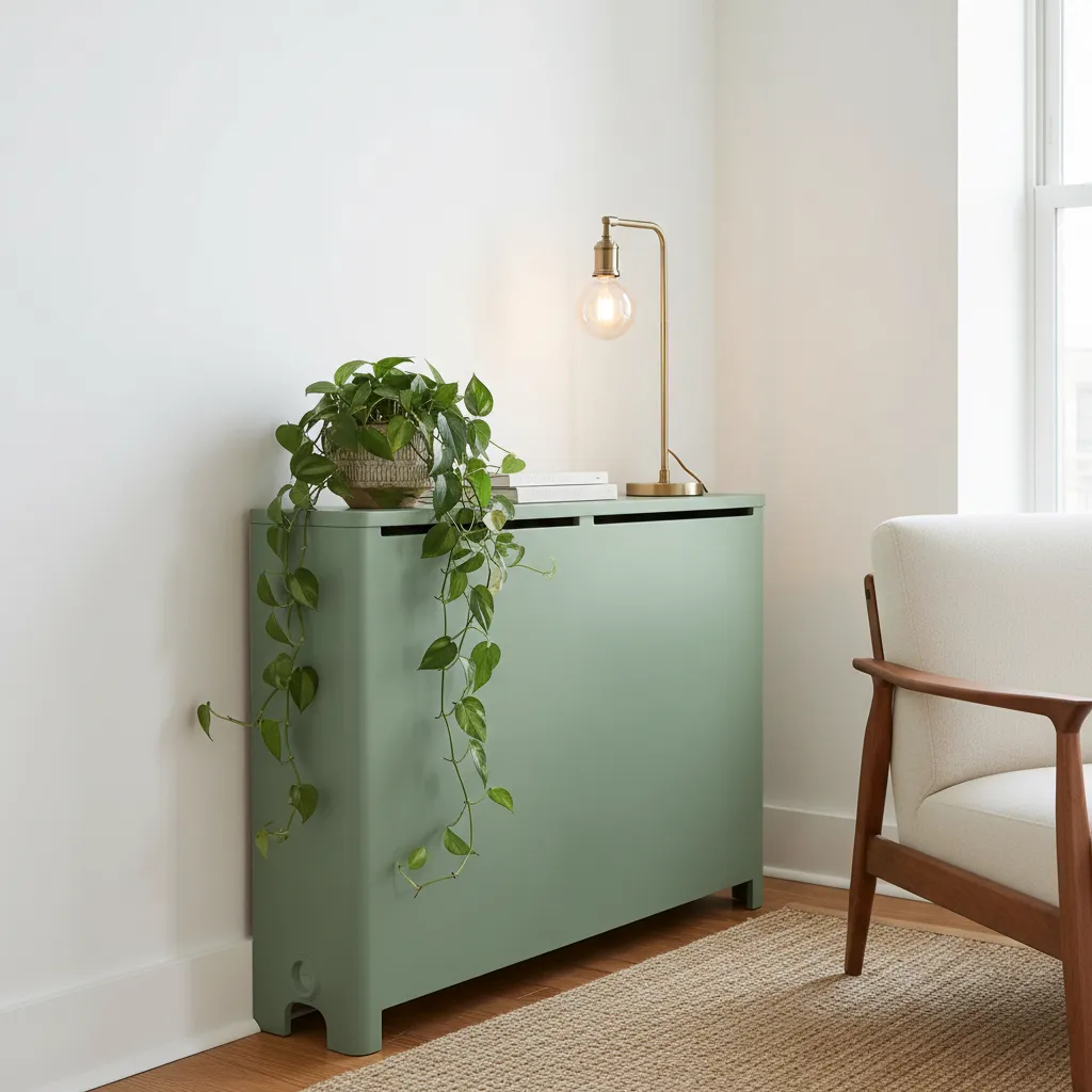 A rental living room with a heat-safe magnetic wrap hiding an ugly radiator