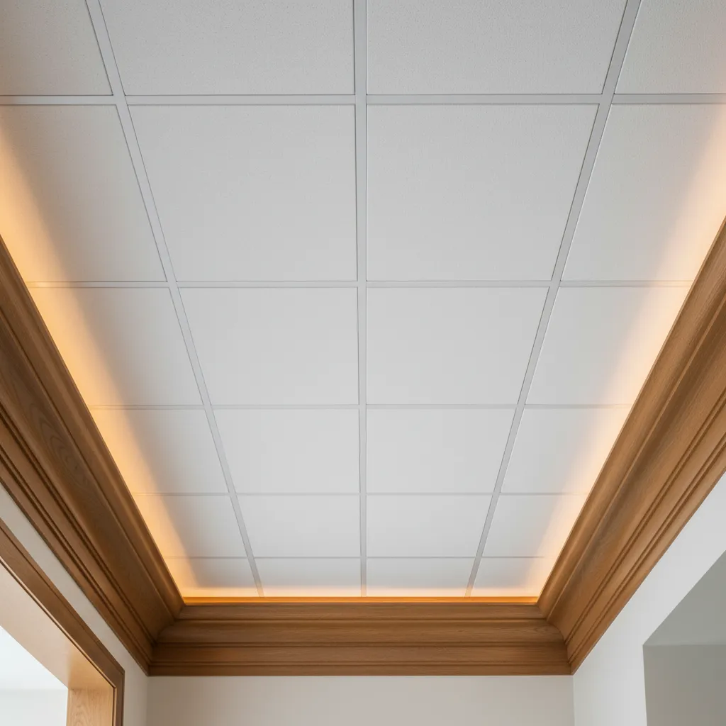 Matte White Ceiling Tiles Molding Matte white drop ceiling tiles paired with smooth wooden crown molding in a cozy room