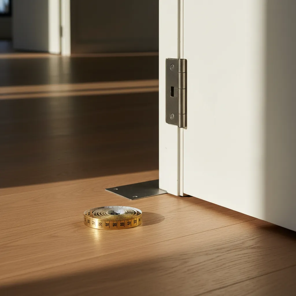 Brass measuring tape checking gap under an interior door
