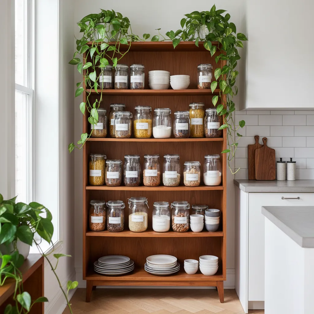Mid-Century Bookshelf Kitchen Storage Mid-century modern bookcase holding kitchen pantry items