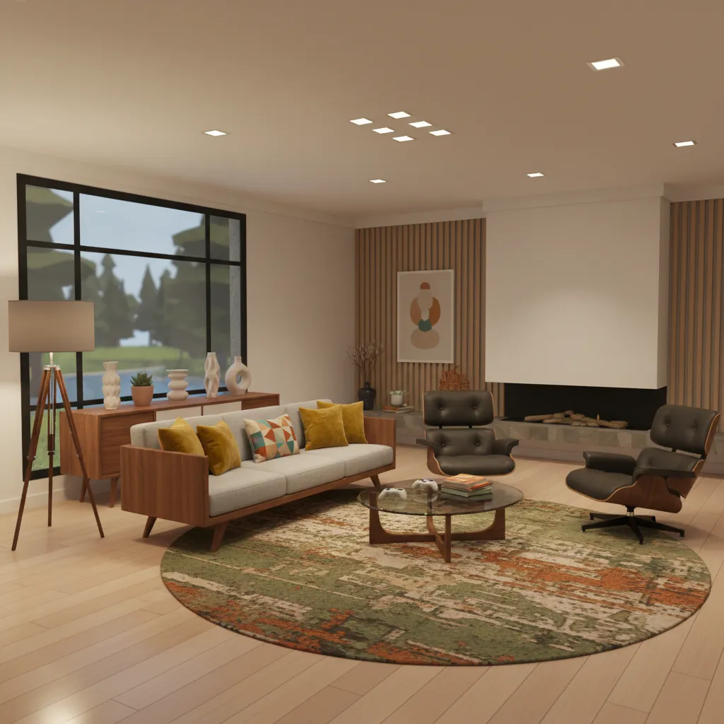 A stylish mid-century modern virtual living room featuring organic textures and warm ambient lighting