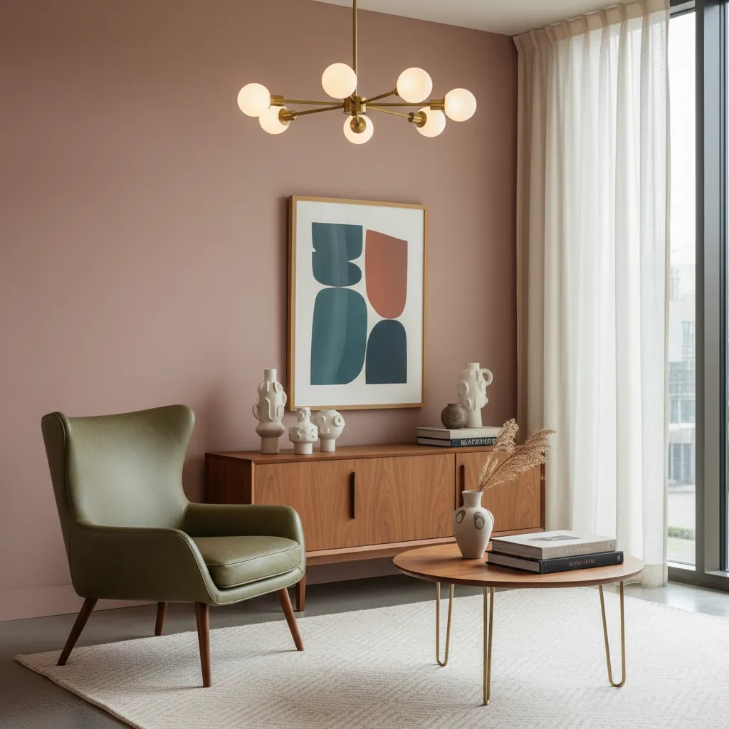 Mid Century Rose Green Living Room Mid-century modern living room with olive green and dusty rose accents