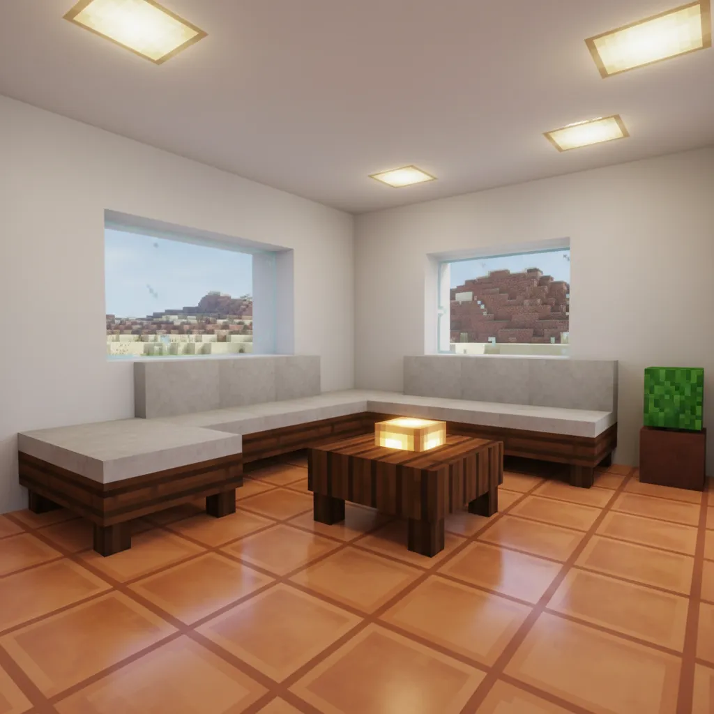 Minimalist Minecraft living room with dark oak mid-century furniture
