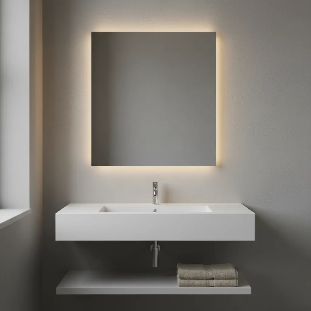Modern floating vanity in a small gray and white minimalist bathroom