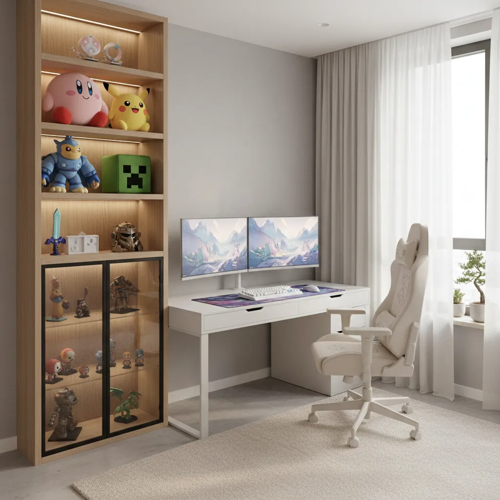 Floating shelves and glass cabinet for gaming collectibles