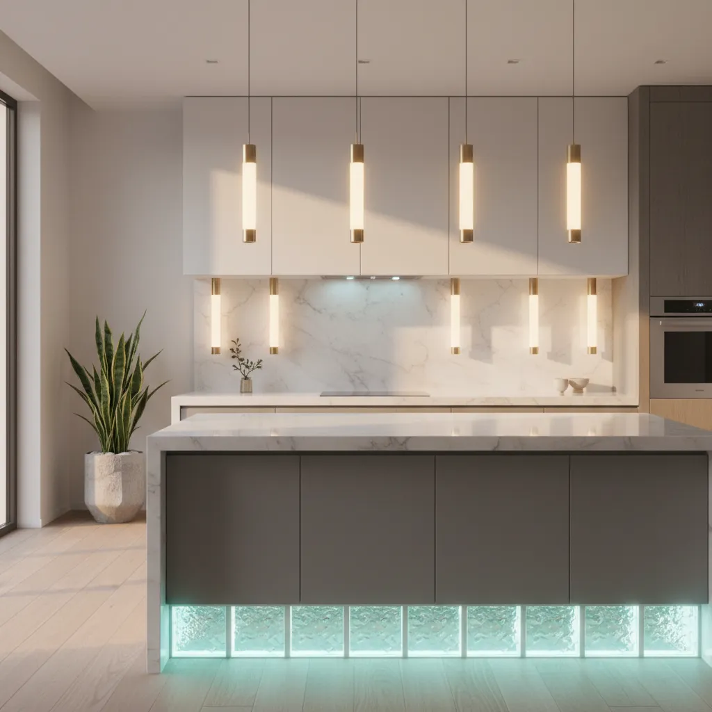 Minimalist kitchen with marble counters and glowing vertical accent lights