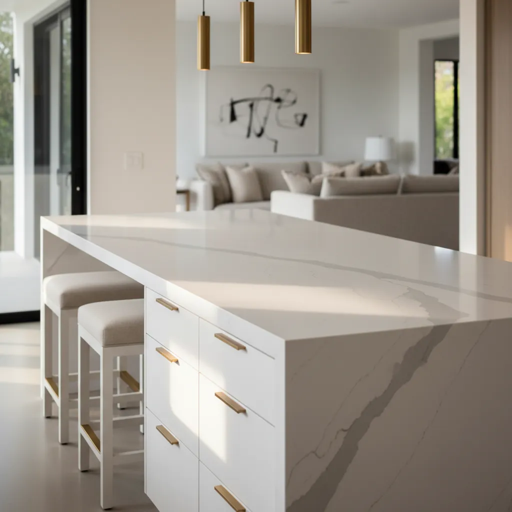 Close up of minimalist white concrete kitchen counter materials