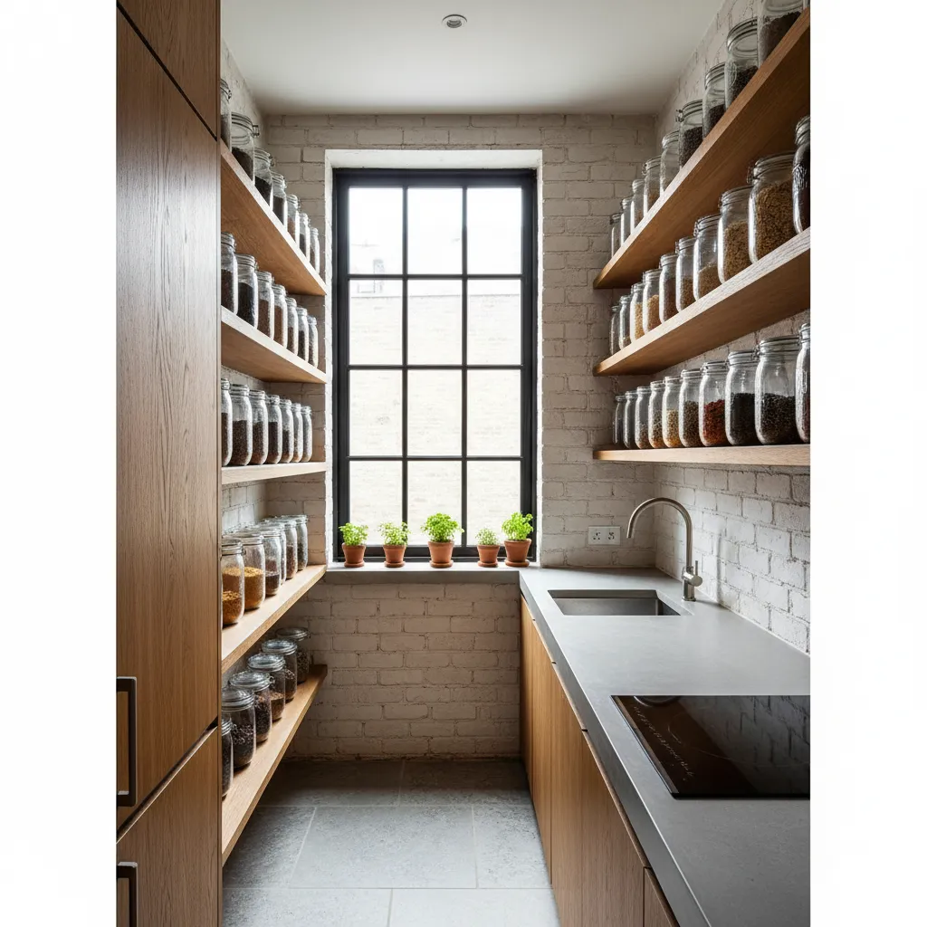 Minimalist Kitchen Inventory Organization Small kitchen with open shelving and glass jars for minimalist storage