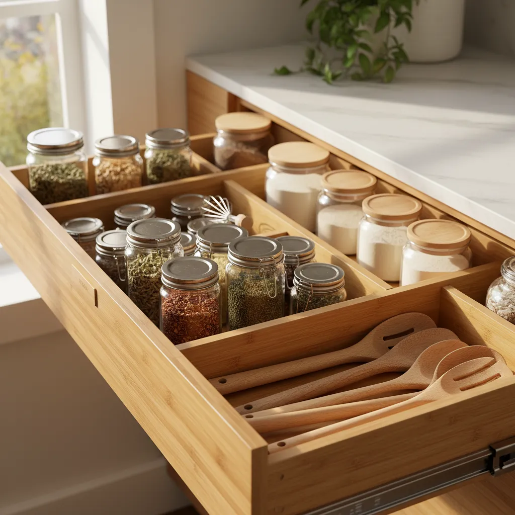 Minimalist Kitchen Organization Habits Kitchen drawer with organized bamboo dividers and minimalist labels