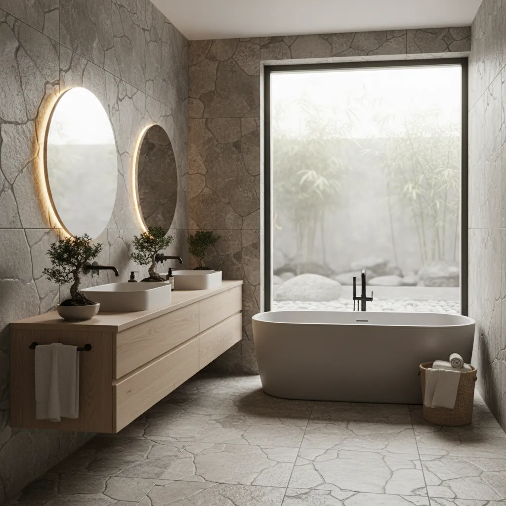 Sleek modern bathroom layout with natural light and stone tiles